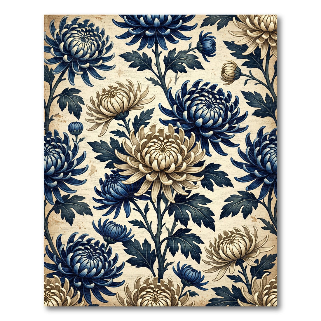 Navy Cream Chrysanthemum Floral Vines Rug