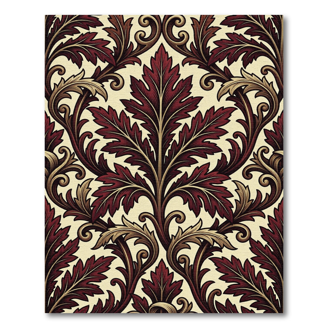 Ornate Burgundy Leaf Scrollwork Rug