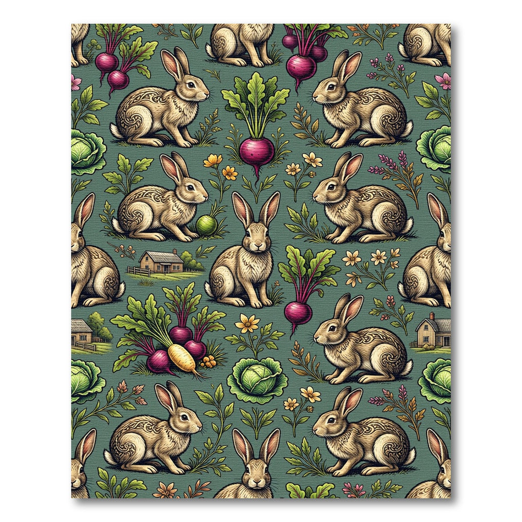 Whimsical Hare and Garden Vegetable Sage Rug