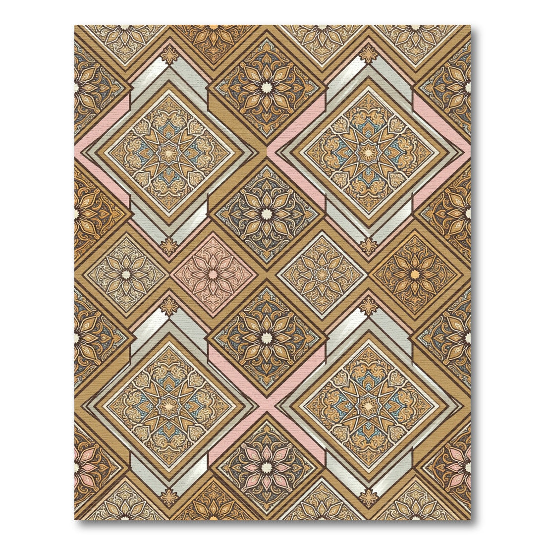 Ornate Gold Floral Geometric Mosaic Rug