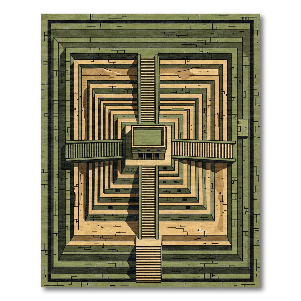 Green Beige Geometric Aztec Temple Rug