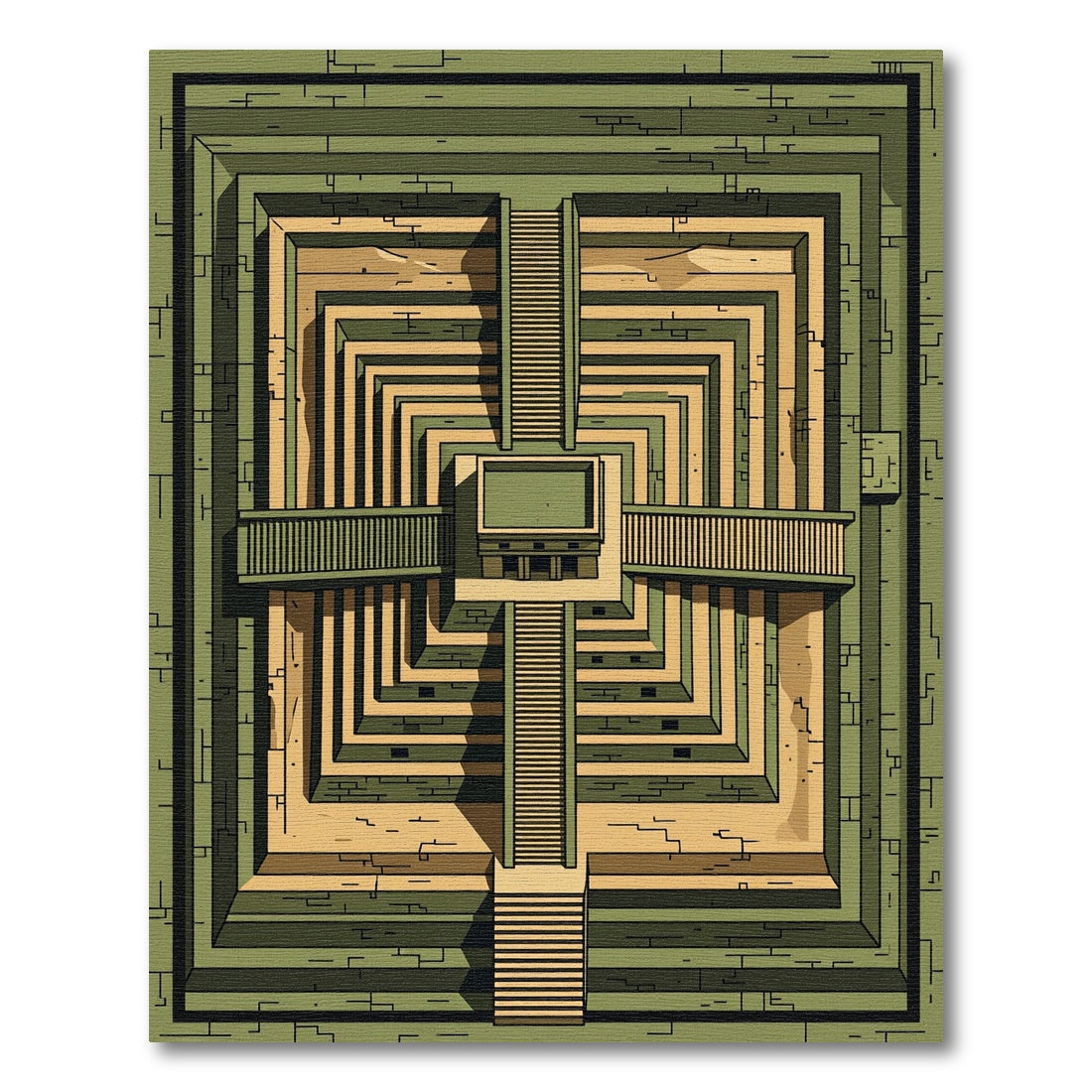 Green Beige Geometric Aztec Temple Rug