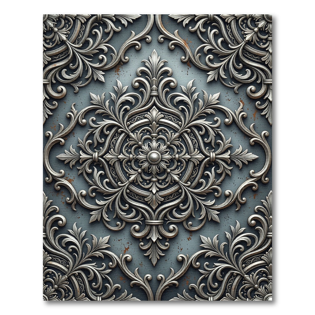 Ornate Silver Metallic Filigree Medallion Rug