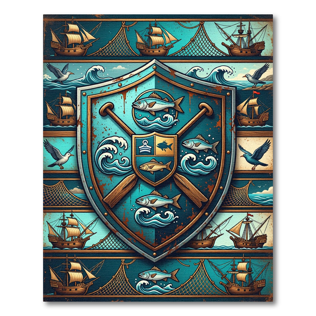 Nautical Teal Shield Sailing Emblem Rug
