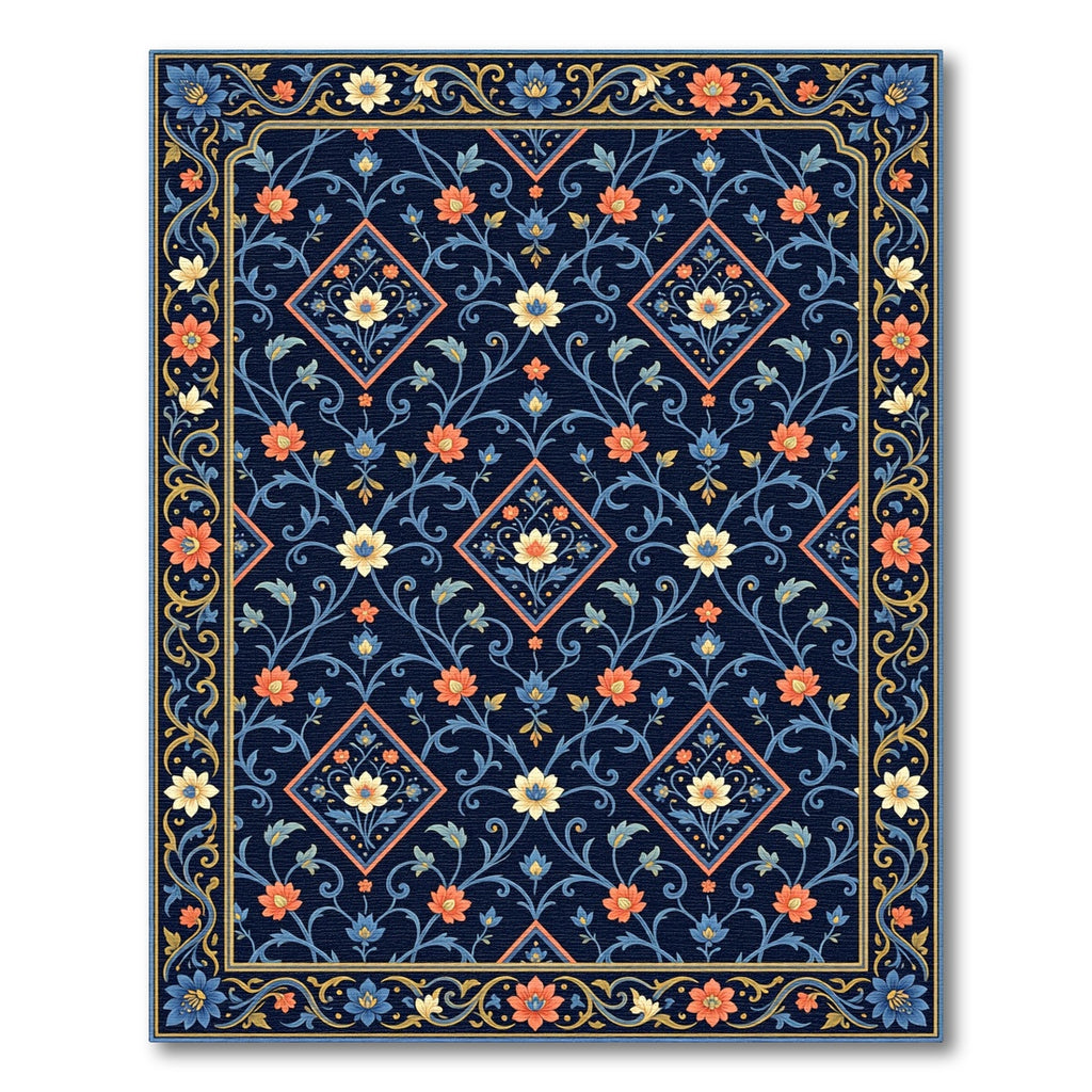 Dark Blue Floral Diamond Medallion Rug