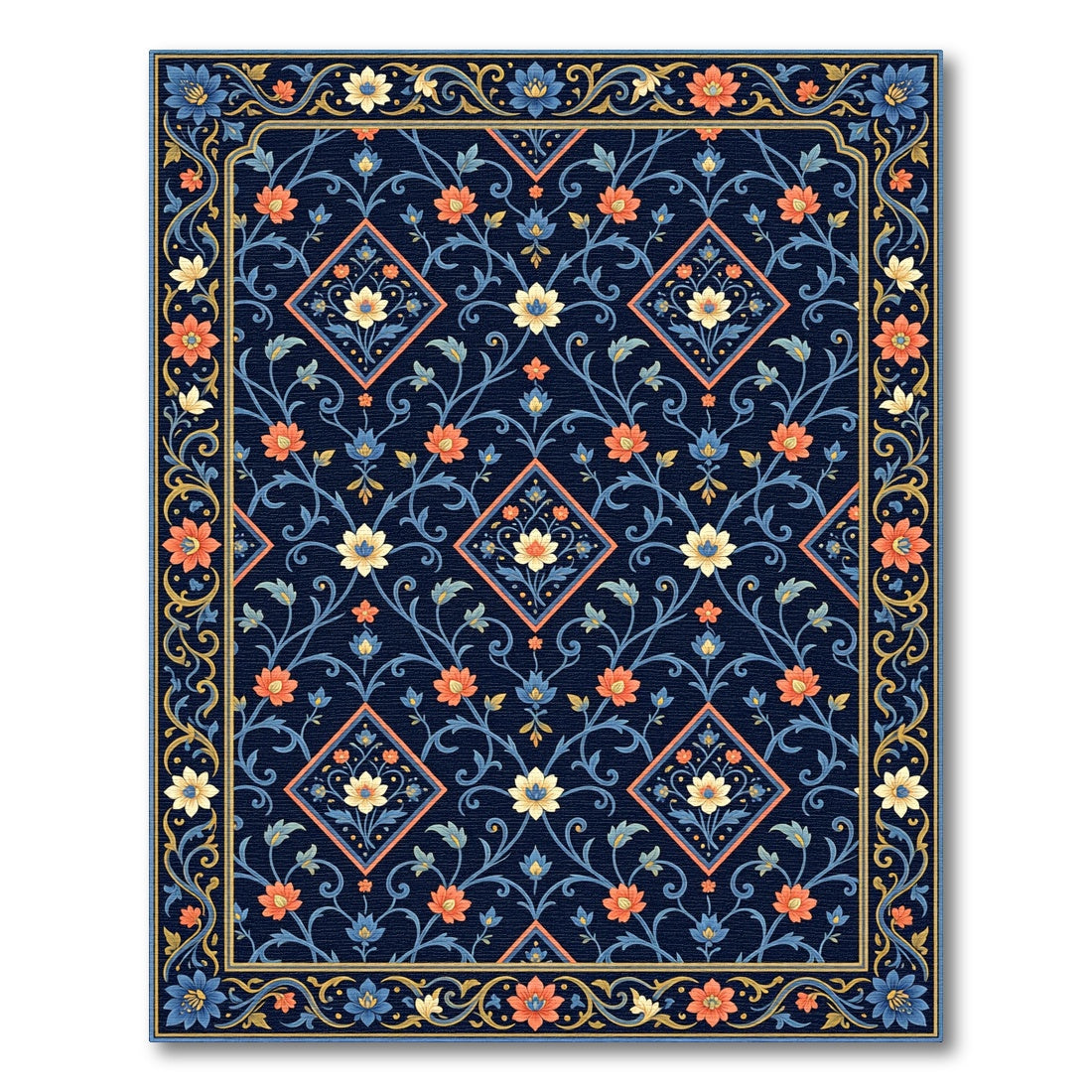 Dark Blue Floral Diamond Medallion Rug