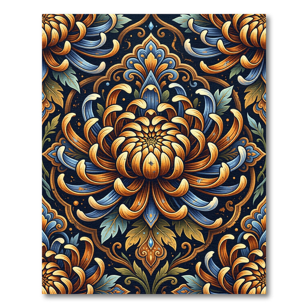 Bold Blue Orange Chrysanthemum Mandala Rug