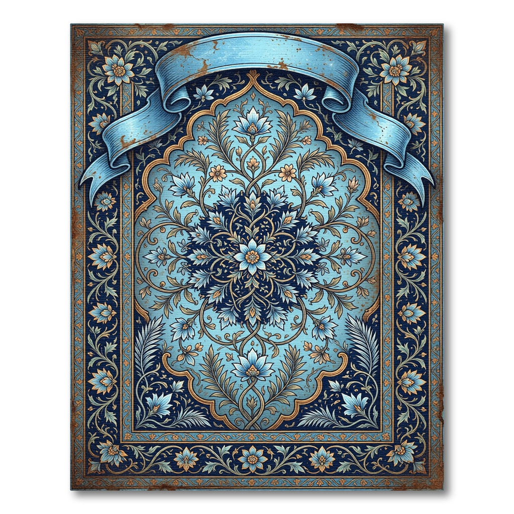 Ornate Azure Floral Medallion Scroll Rug