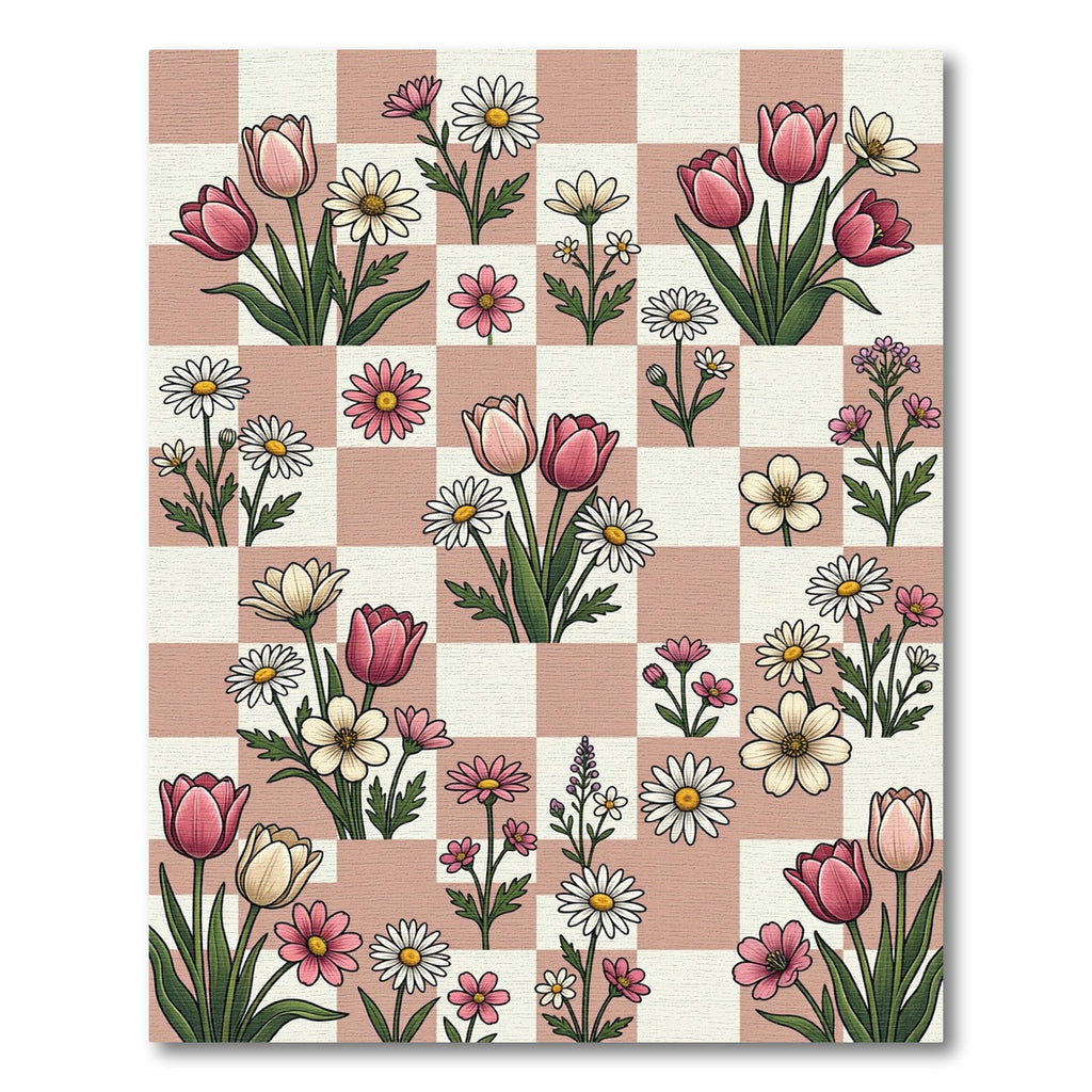 Blush Pink Checkered Floral Meadow Rug