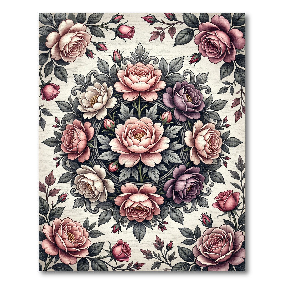 Elegant Floral Medallion Pink Rose Bouquet Rug