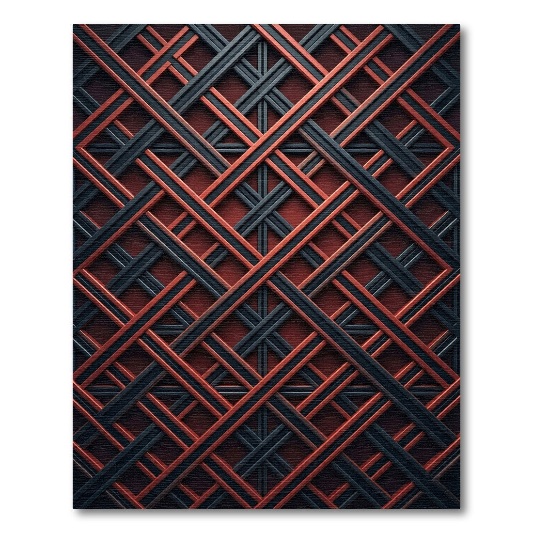 Rustic Crimson and Charcoal Geometric Grid Rug
