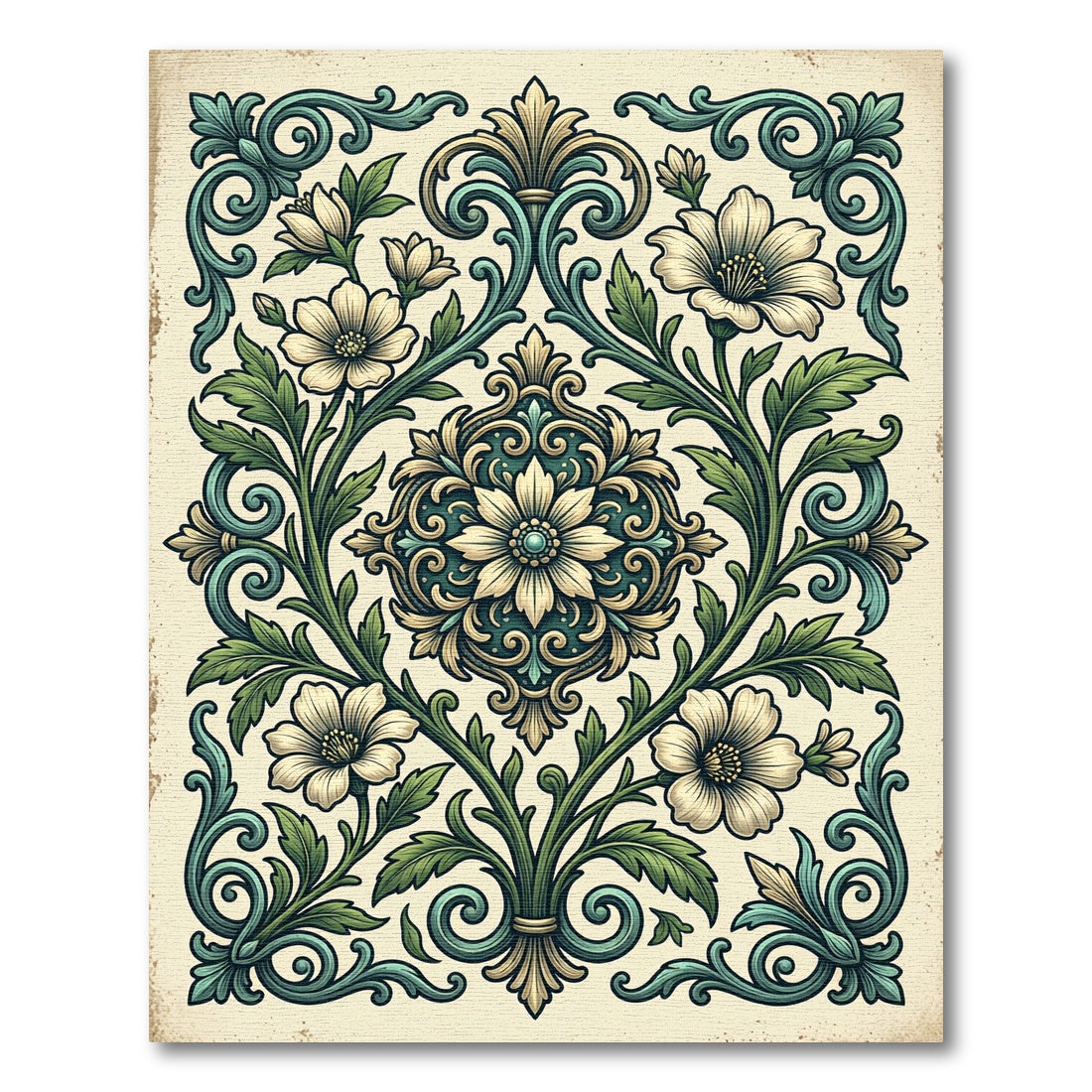 Elegant Teal Cream Floral Damask Rug