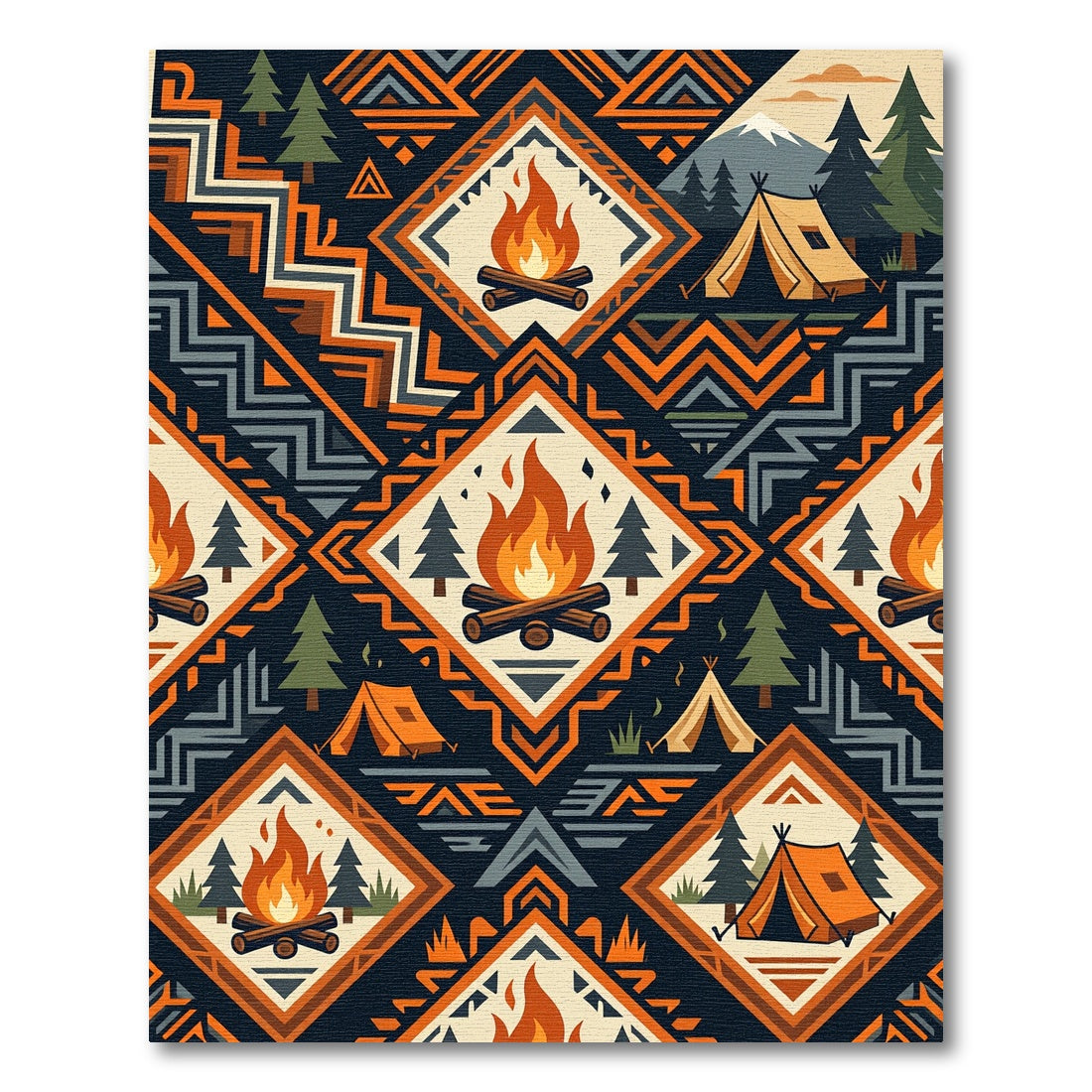 Geometric Camping Fireplace Diamond Forest Rug