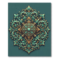 Ornate Teal and Gold Scroll Medallion Rug