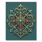 Ornate Teal and Gold Scroll Medallion Rug