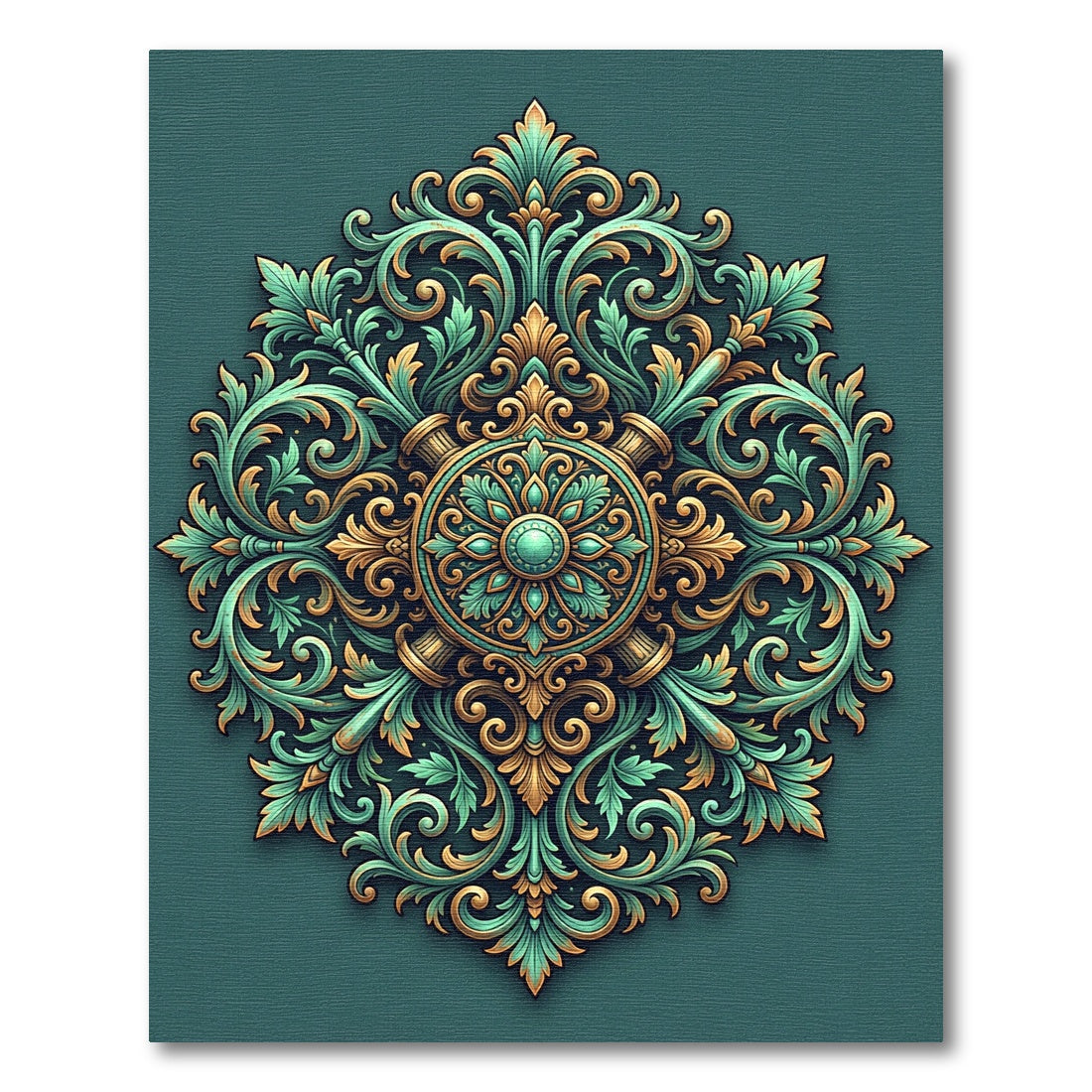 Ornate Teal and Gold Scroll Medallion Rug