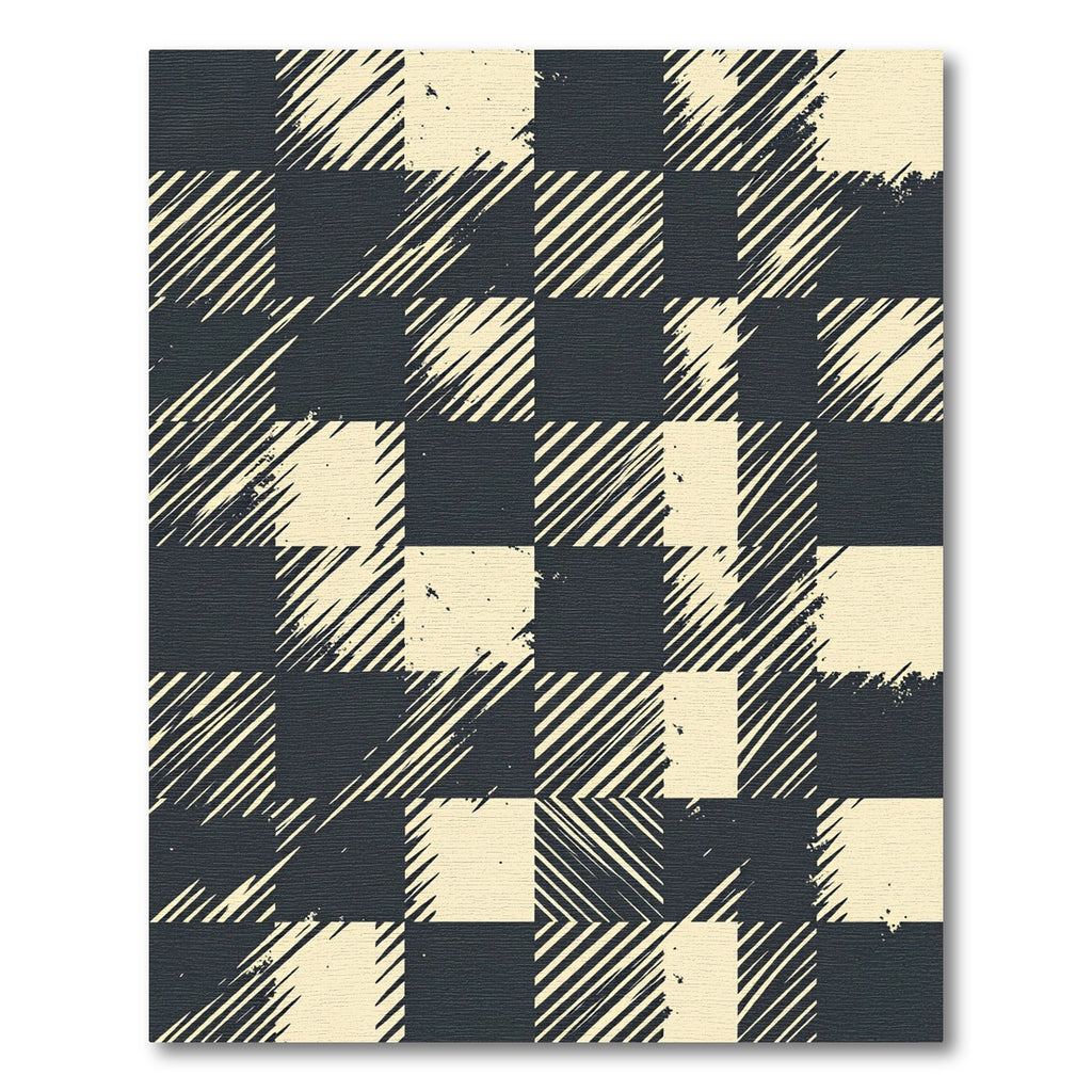 Black Cream Distressed Plaid Squares Rug