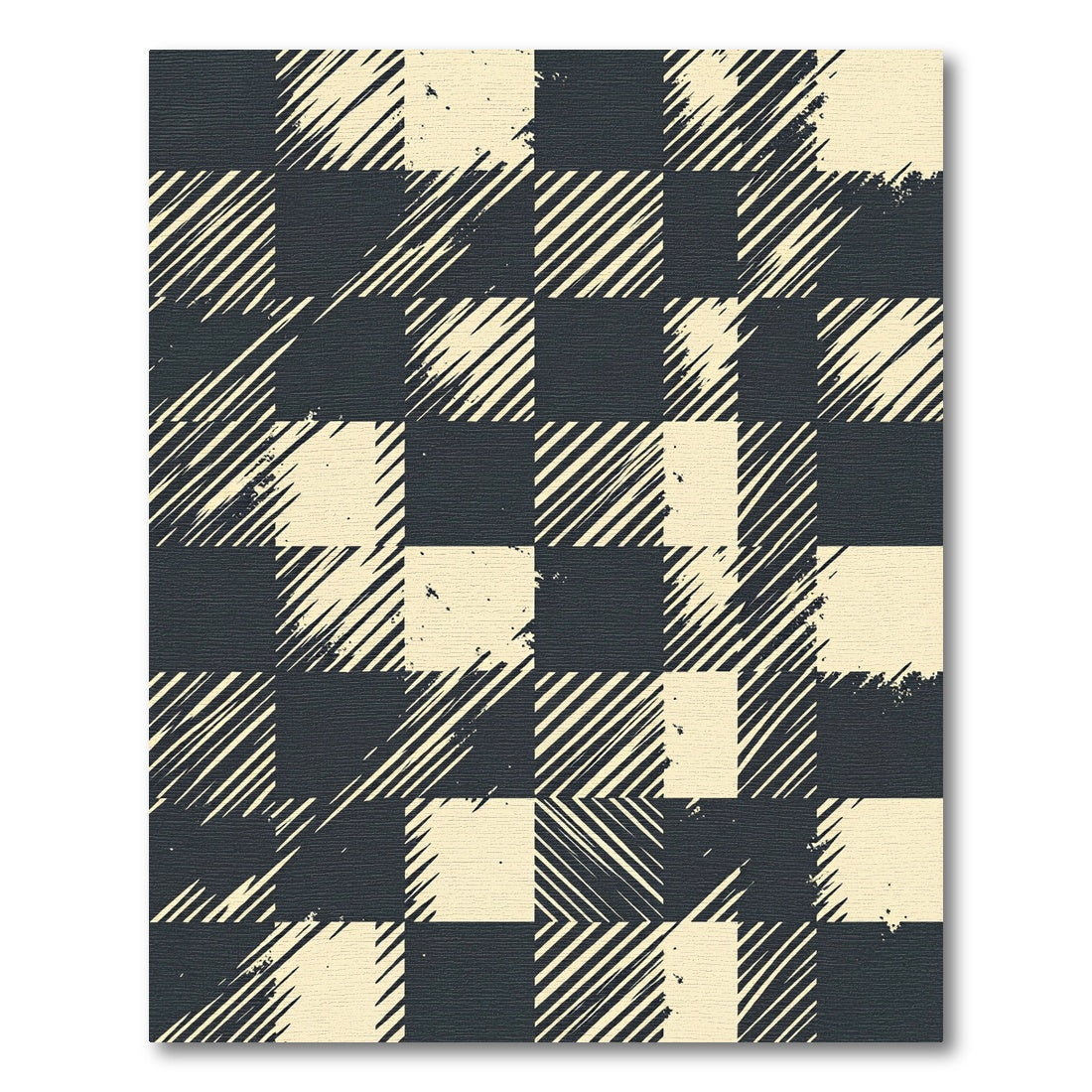 Black Cream Distressed Plaid Squares Rug
