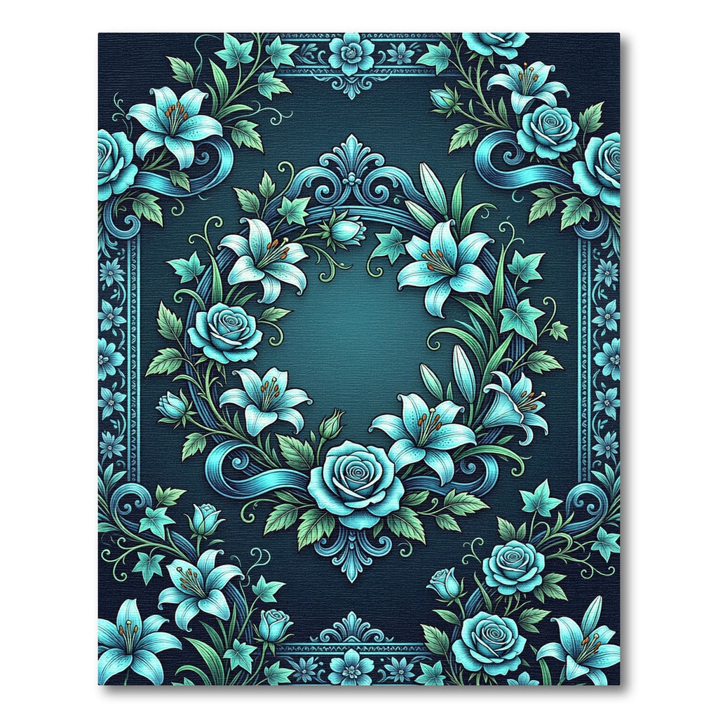 Elegant Teal Floral Frame Garden Rug