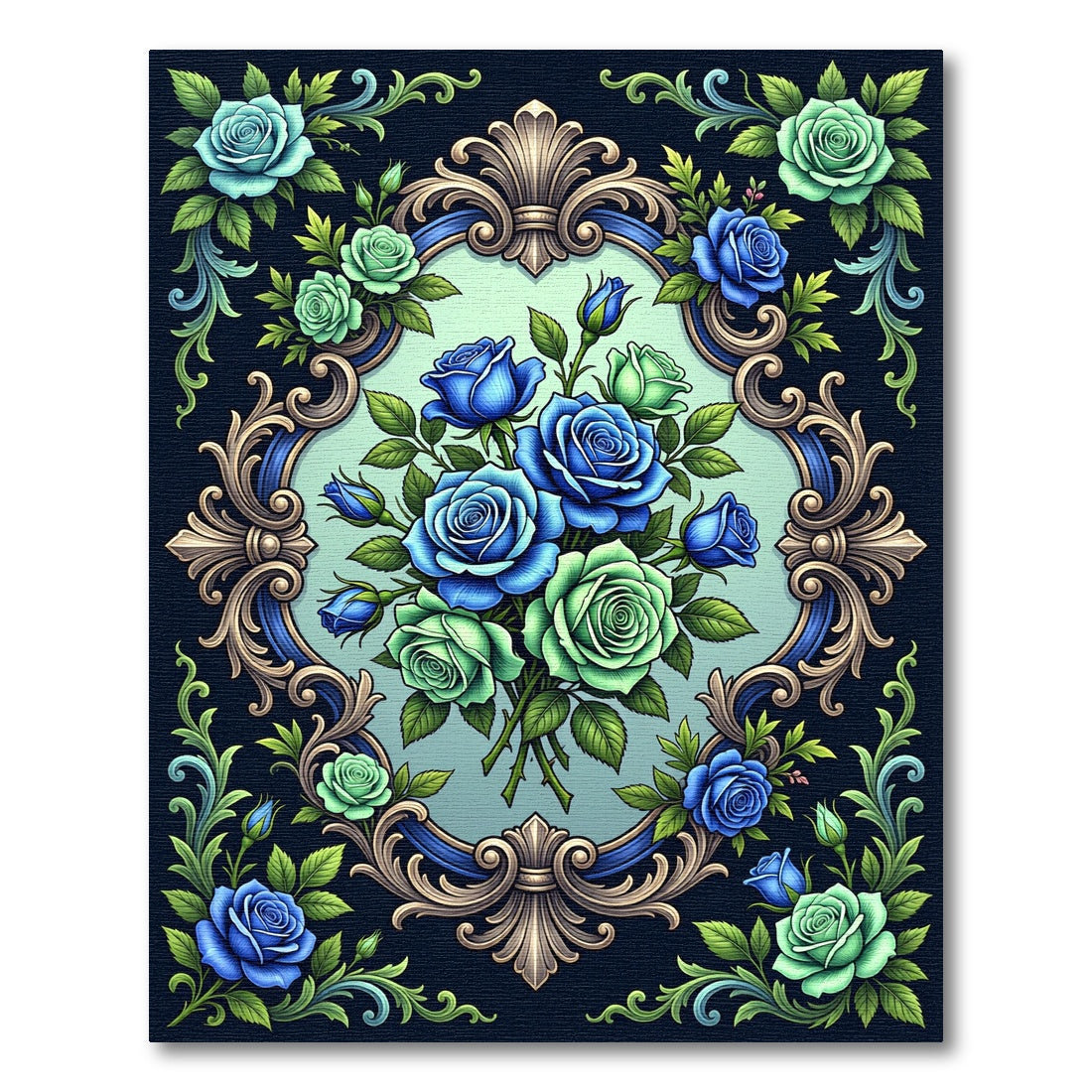 Elegant Blue and Green Rose Filigree Rug