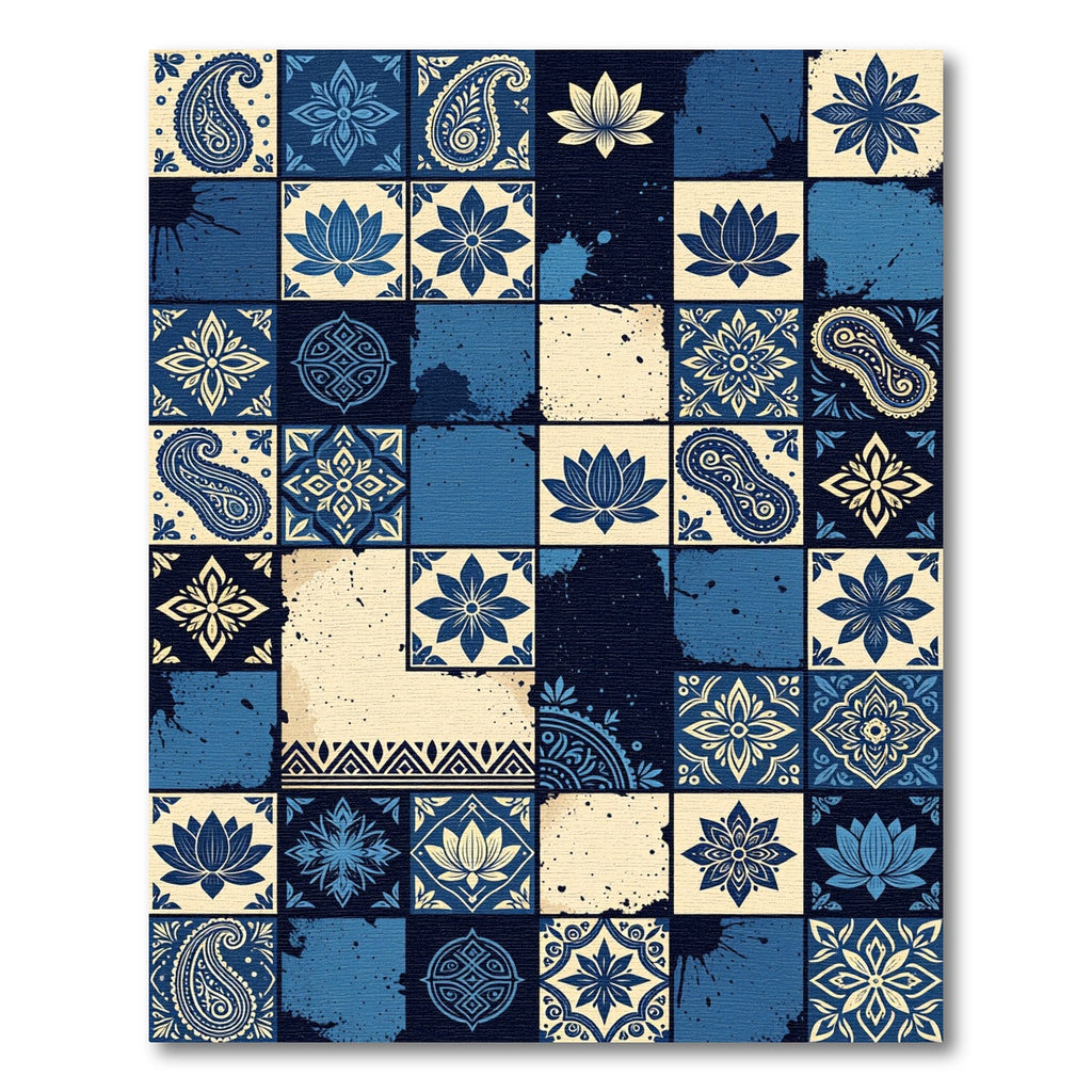 Blue Cream Paisley Lotus Tile Collage Rug