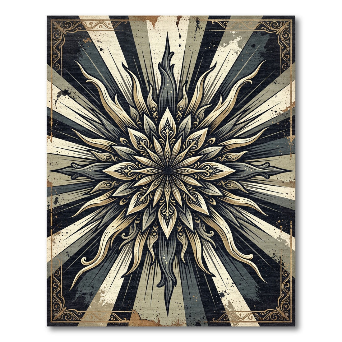 Golden Sunburst Ornate Monochrome Mandala Rug