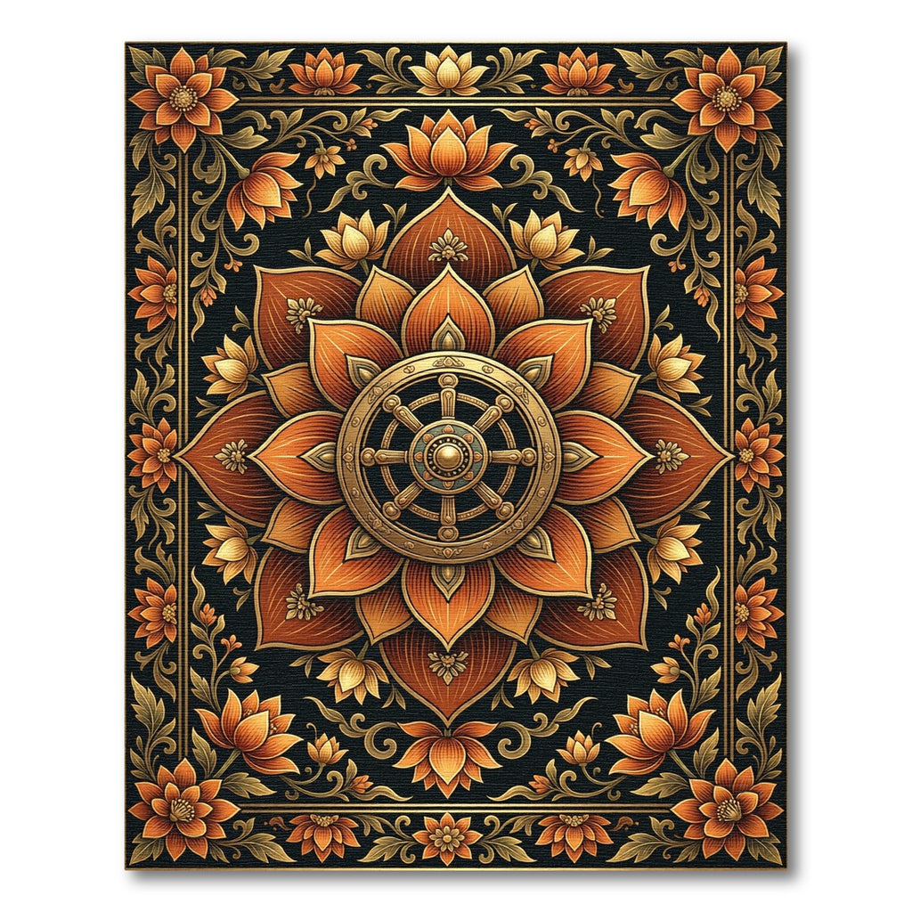 Golden Lotus Dharma Wheel Floral Medallion Rug