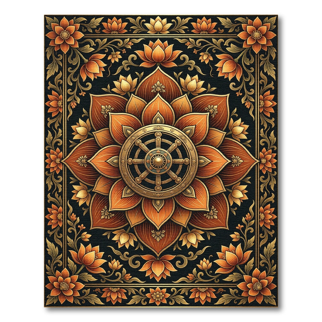 Golden Lotus Dharma Wheel Floral Medallion Rug