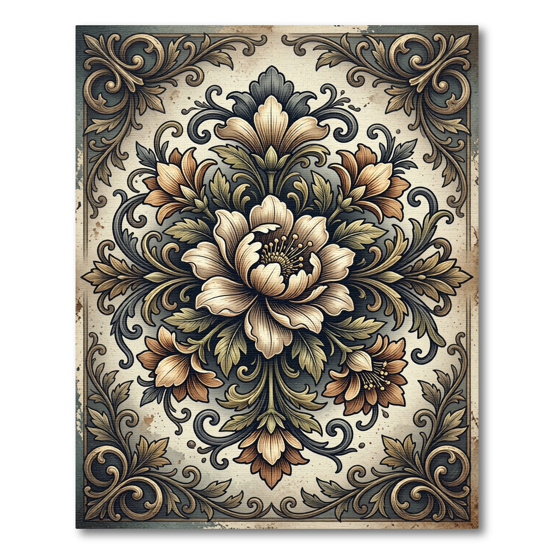 Vintage Neutral Floral Baroque Medallion Rug