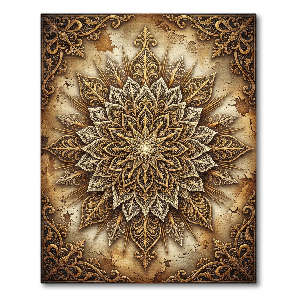 Ornate Golden Filigree Floral Mandala Rug