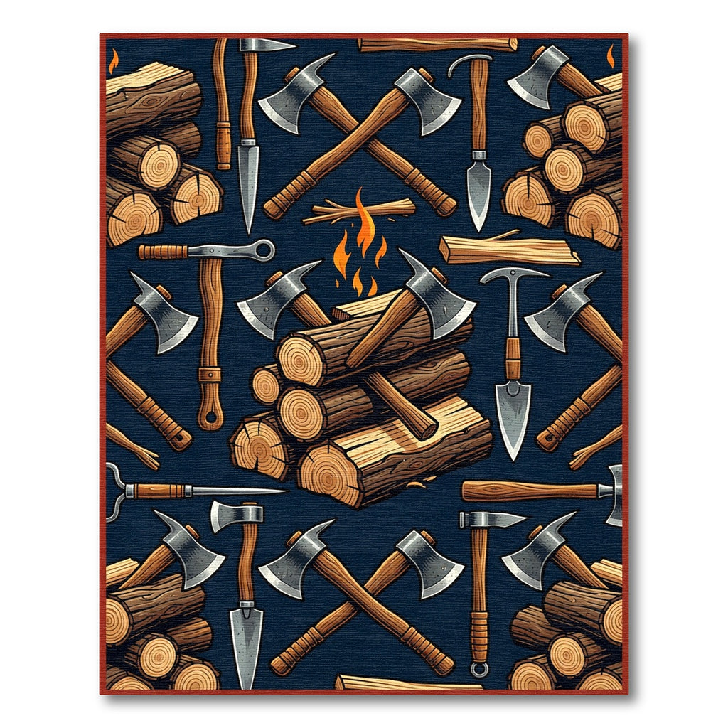 Rustic Navy Axe and Firewood Illustration Rug