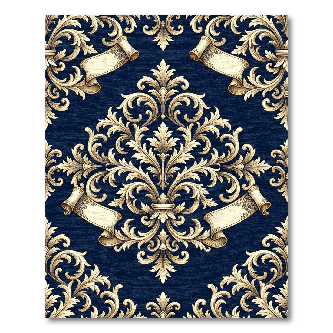 Elegant Navy Gold Baroque Scroll Rug