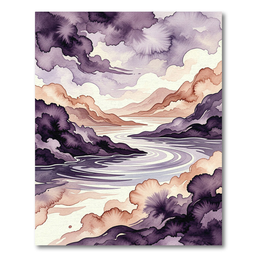 Ethereal Plum Violet Watercolor Mountain Landscape Rug