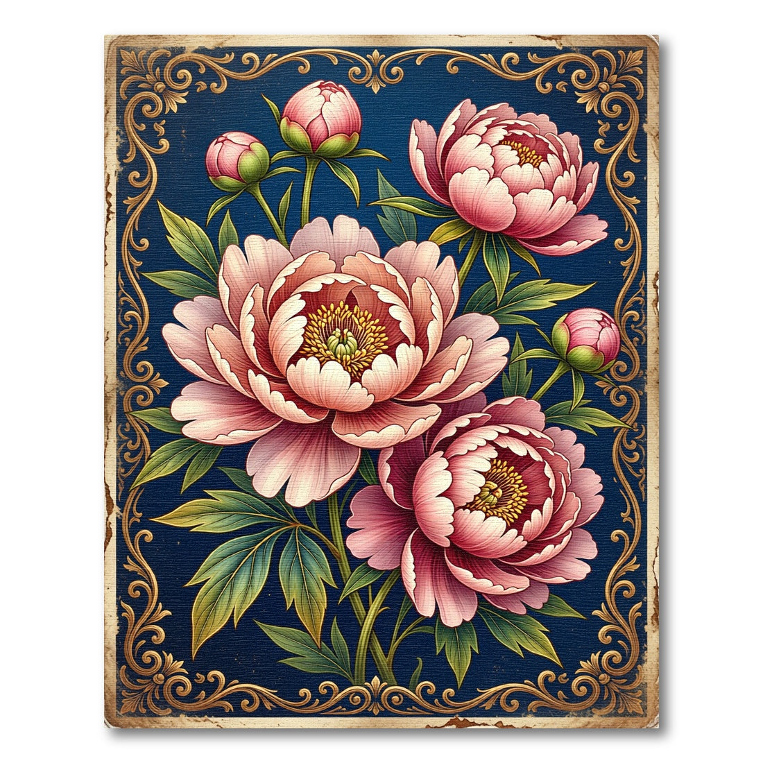 Elegant Pink Peony Floral Navy Rug