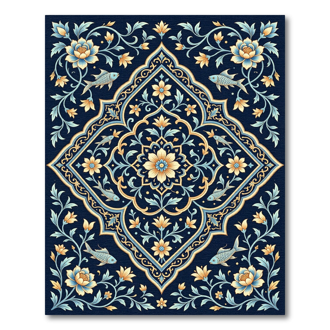 Golden Navy Fish Floral Medallion Rug