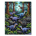 Vibrant Blue Dinosaur Jungle Landscape Rug