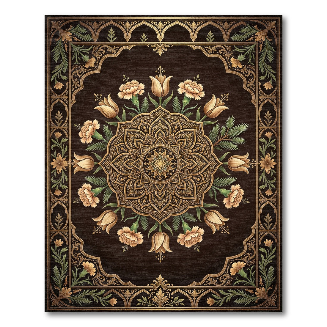 Ornate Golden Floral Medallion Bloom Rug