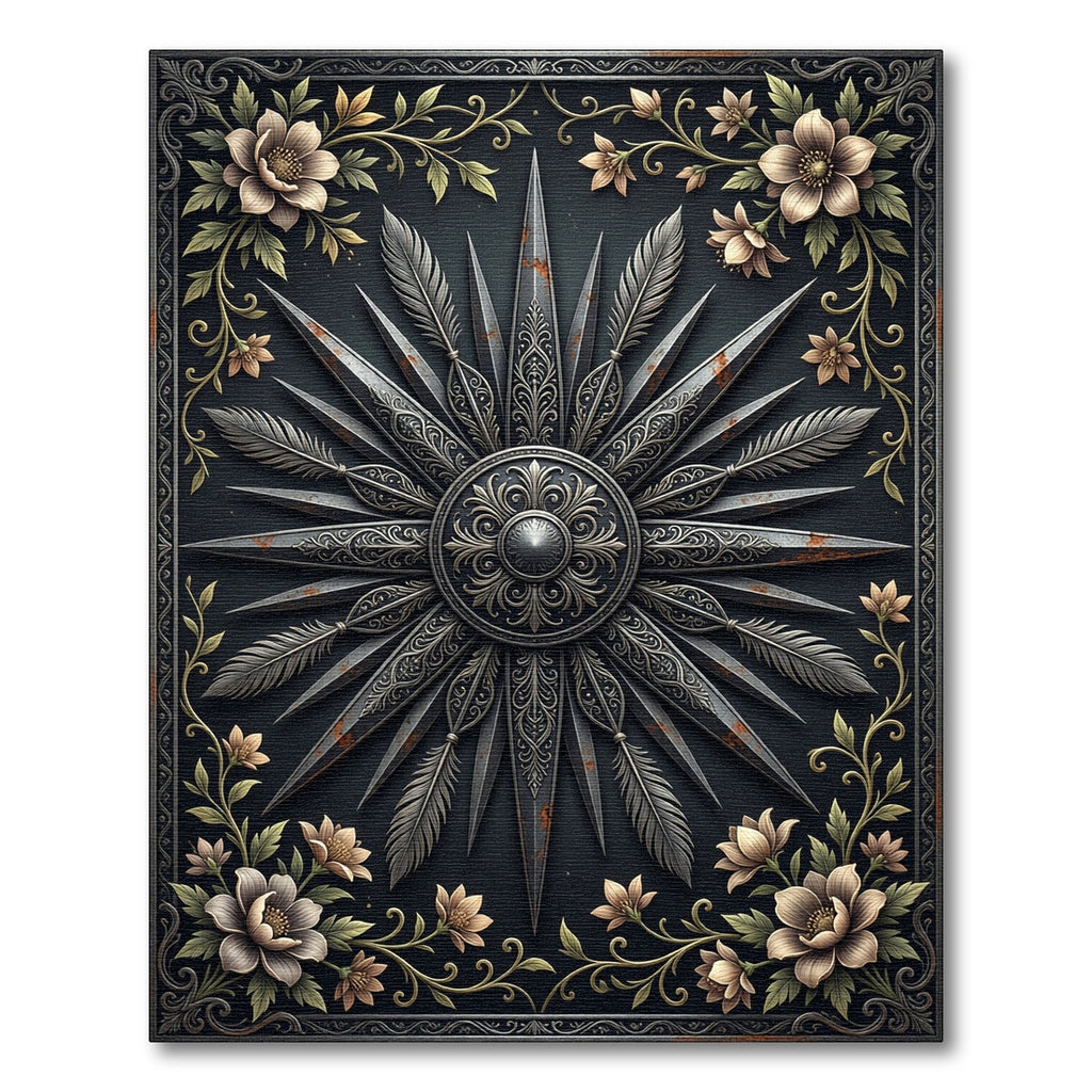 Ornate Charcoal Flower Feather Emblem Rug