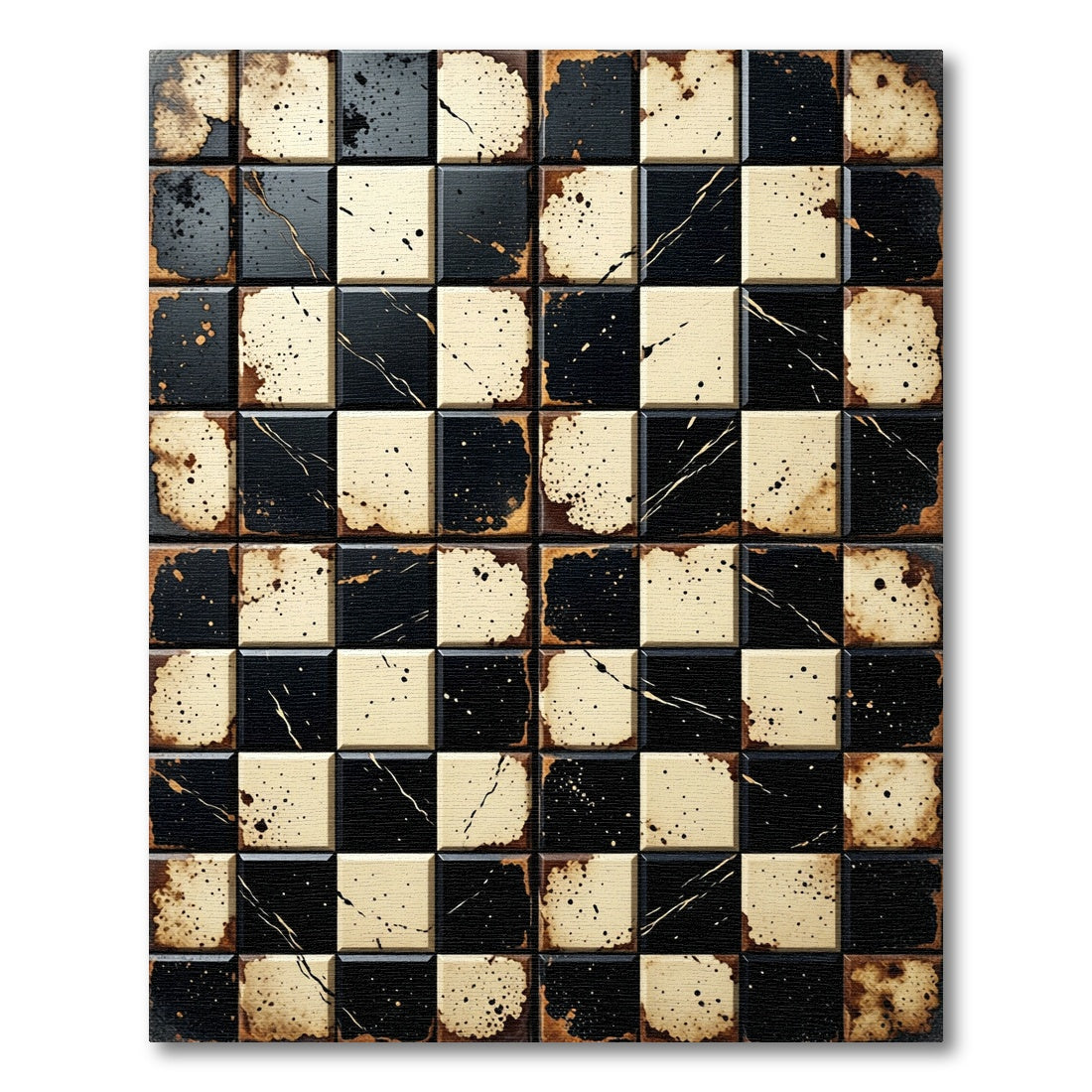 Aged Black Cream Checkerboard Splatter Rug