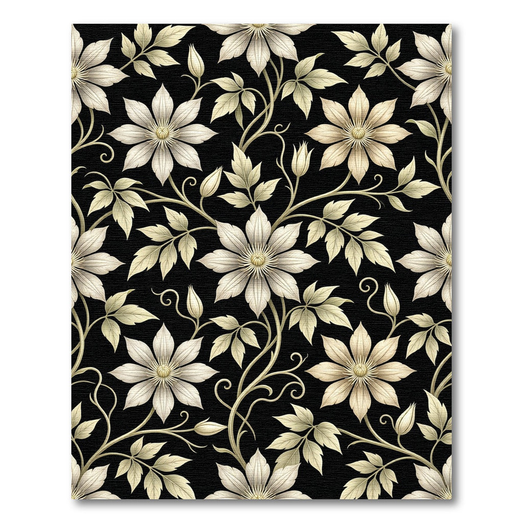 Cream Floral Vine Black Canvas Rug