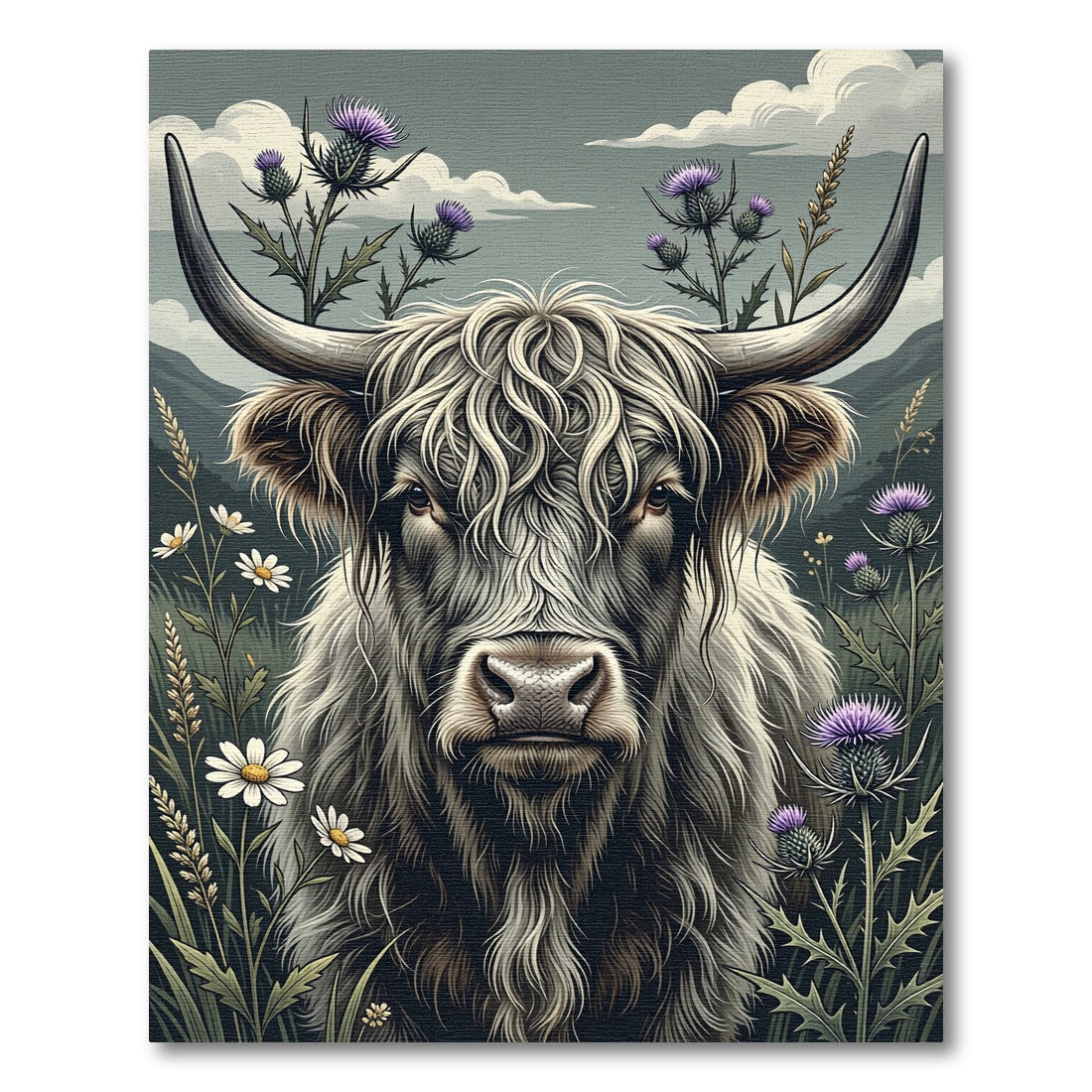 Highland Cow with Thistle Floral Art Rug