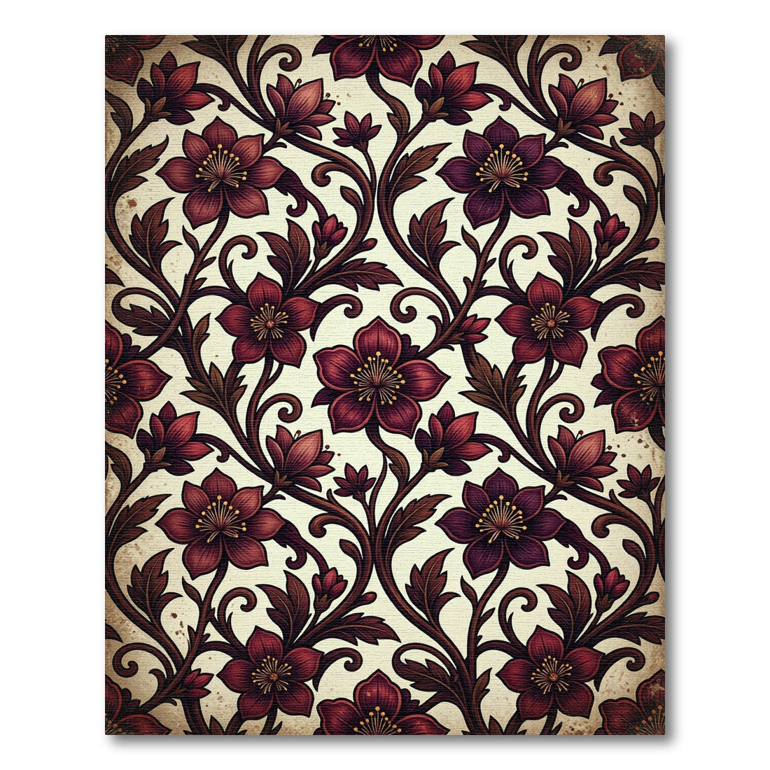 Dark Crimson Floral Scroll Art Nouveau Rug