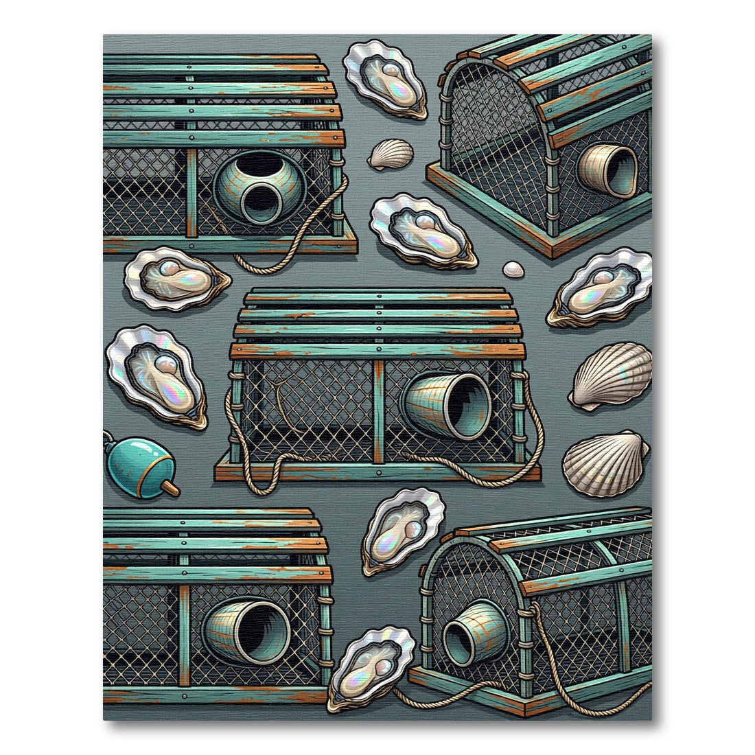 Coastal Teal Lobster Trap Oyster Illustration Rug