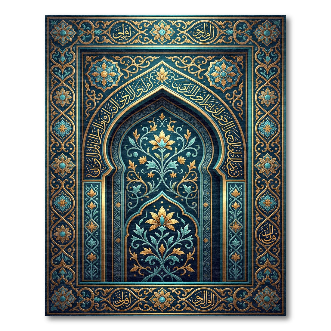 Ornate Teal Gold Floral Arch Tapestry Rug
