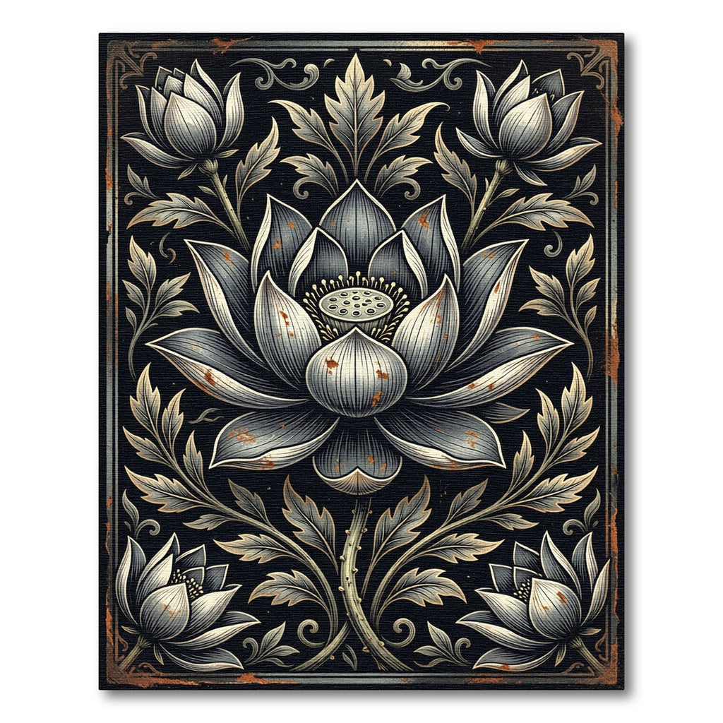 Ornate Monochrome Lotus Floral Illustration Rug
