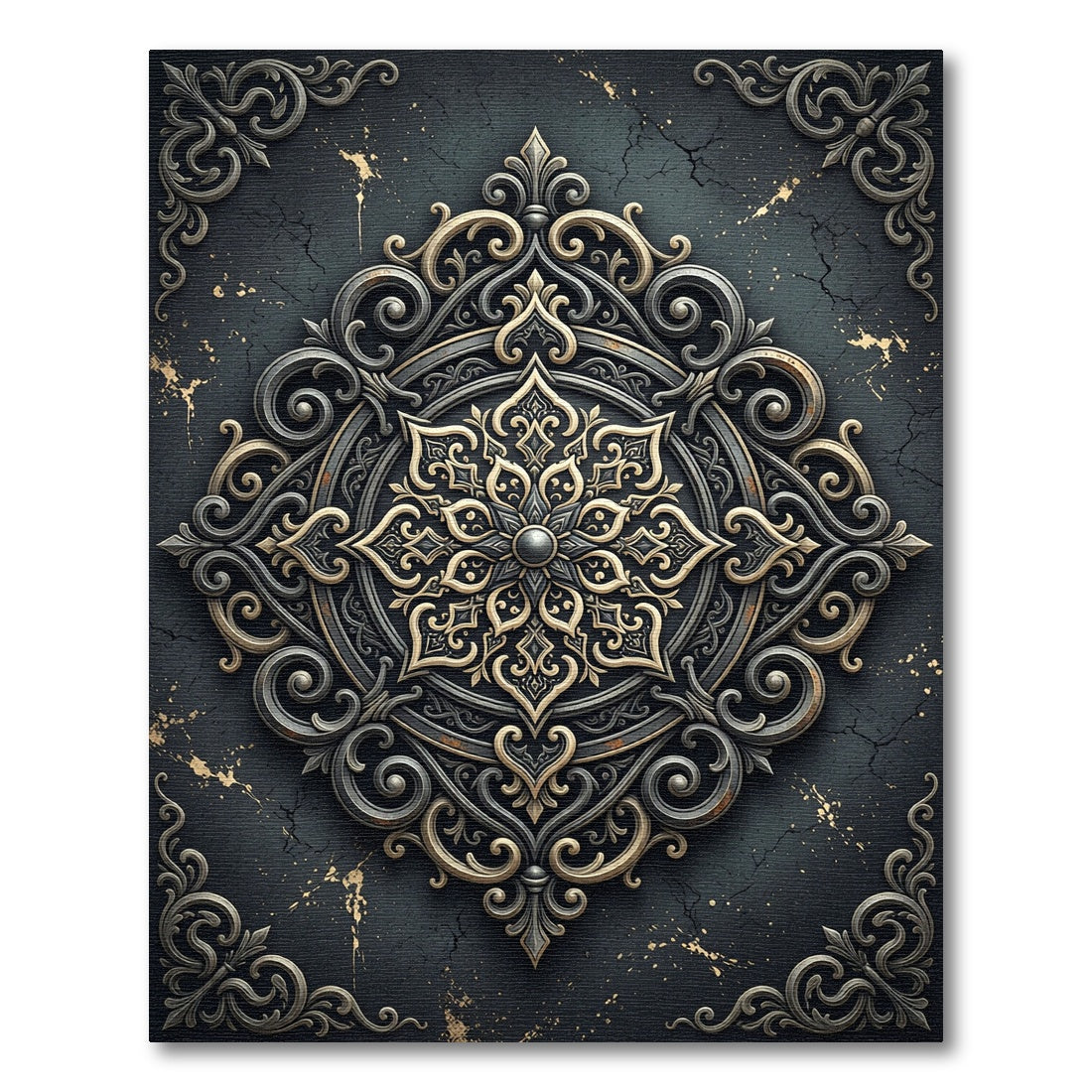 Ornate Antique Gold Silver Filigree Medallion Rug