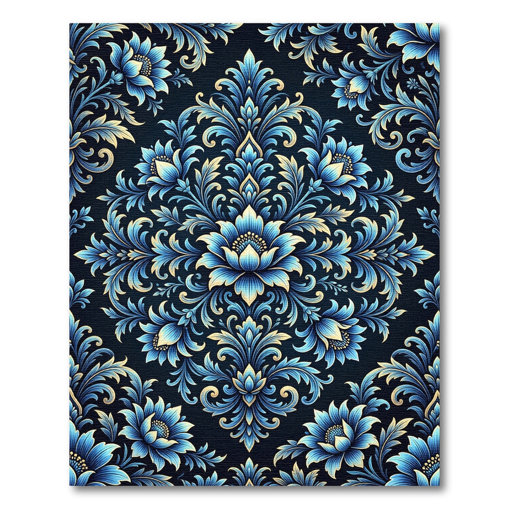 Blue Floral Damask Ornate Medallion Rug