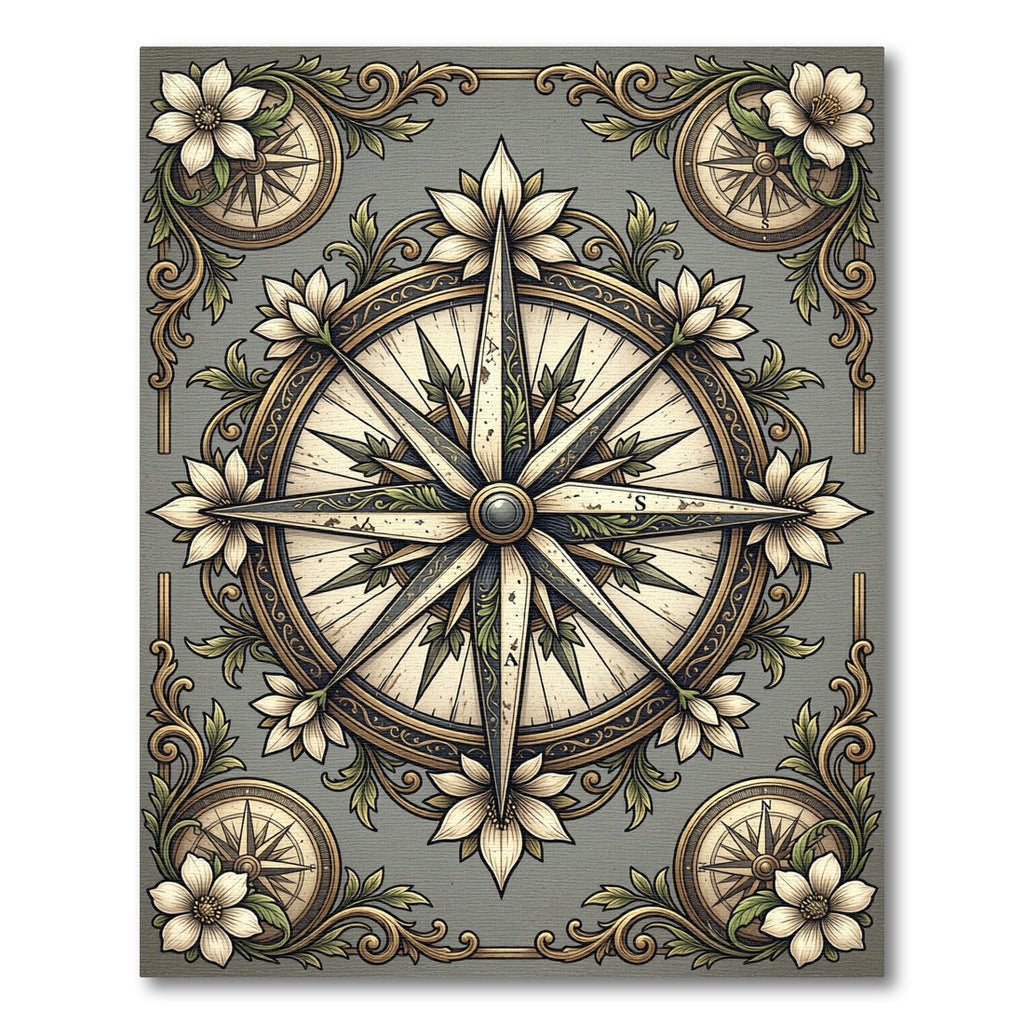 Elegant Floral Compass Gray Botanical Rug