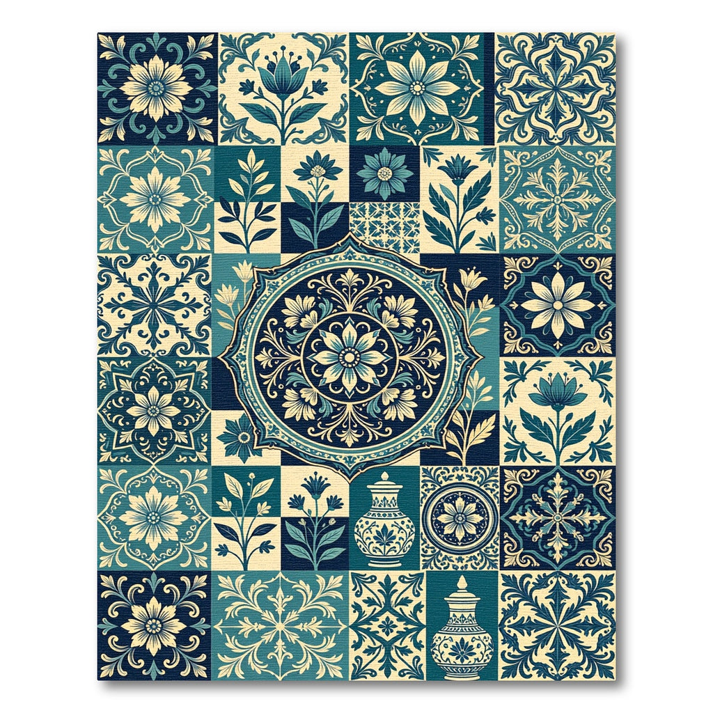 Teal Navy Floral Medallion Vase Tiles Rug