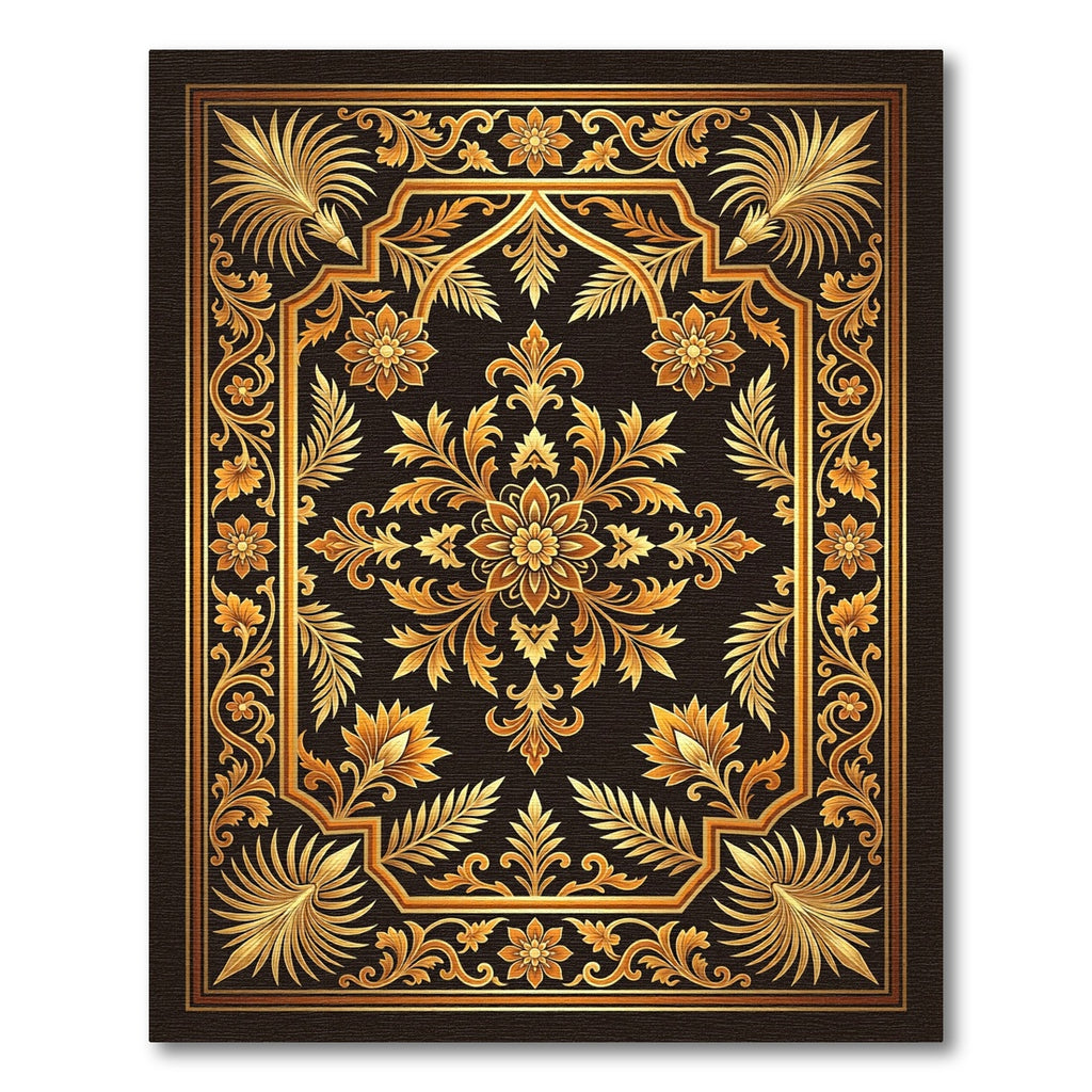 Ornate Golden Floral Damask Scrollwork Rug